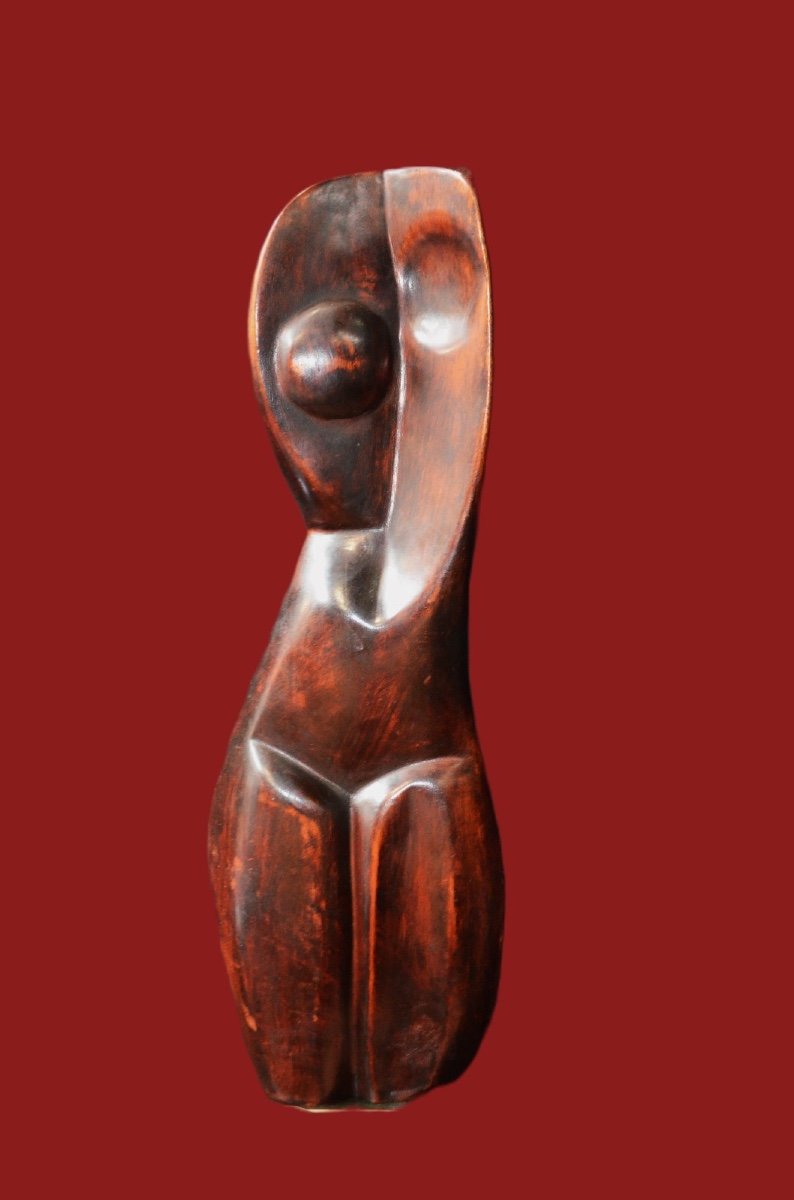 Thomas Edward Morin, Sculpture En Bois, Buste Féminin Cubiste, Circa 1970-photo-2