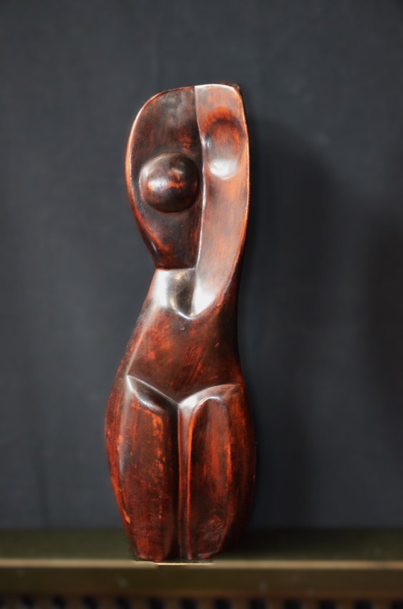 Thomas Edward Morin, Sculpture En Bois, Buste Féminin Cubiste, Circa 1970-photo-3