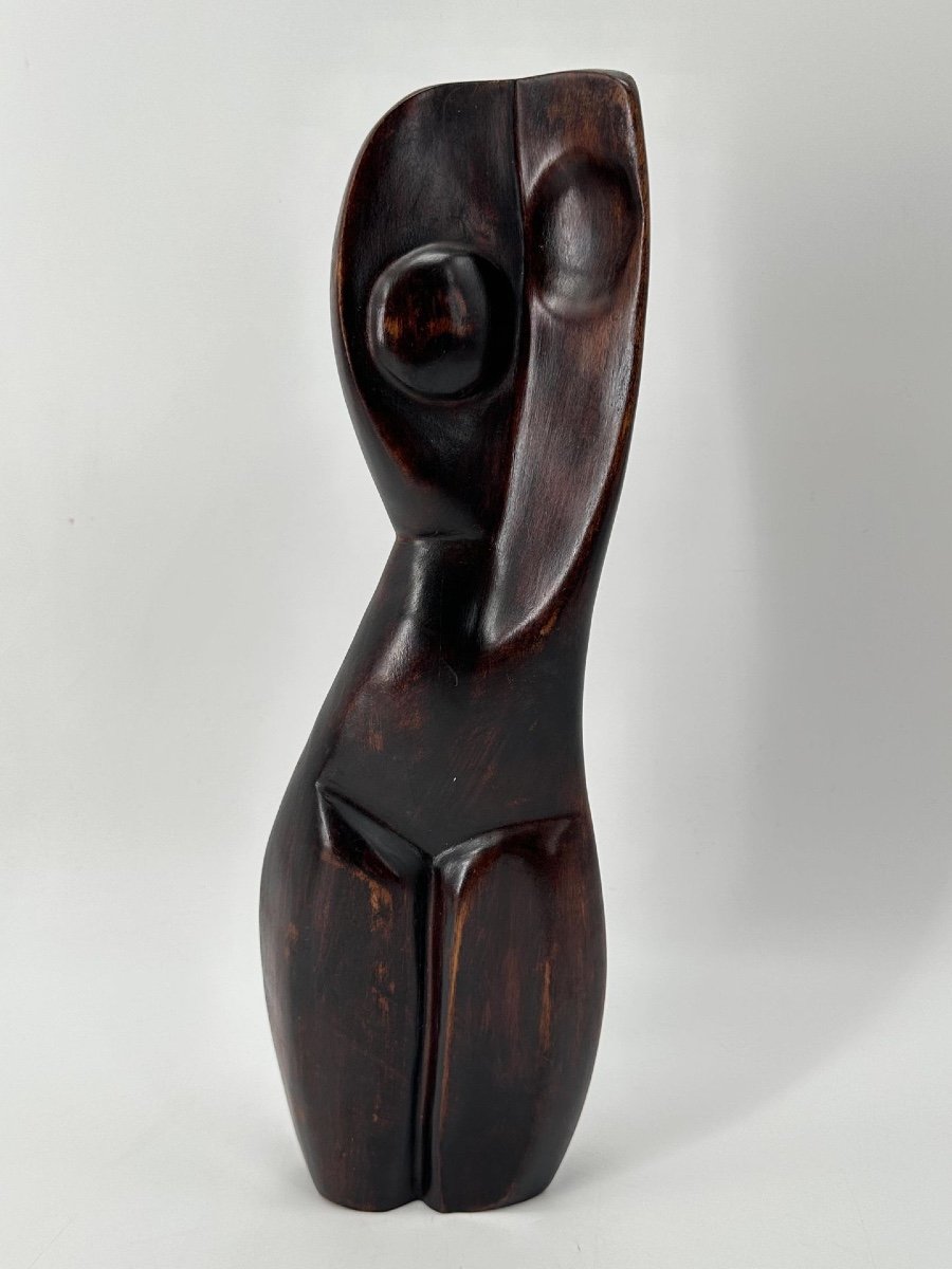 Thomas Edward Morin, Sculpture En Bois, Buste Féminin Cubiste, Circa 1970