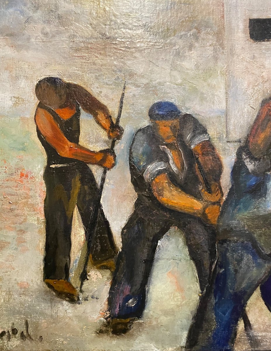 Expressionist Painting Attributed To J. Herman, Workers, Illegible Signature, Circa 1930-photo-4