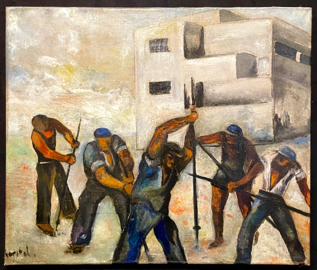 Expressionist Painting Attributed To J. Herman, Workers, Illegible Signature, Circa 1930