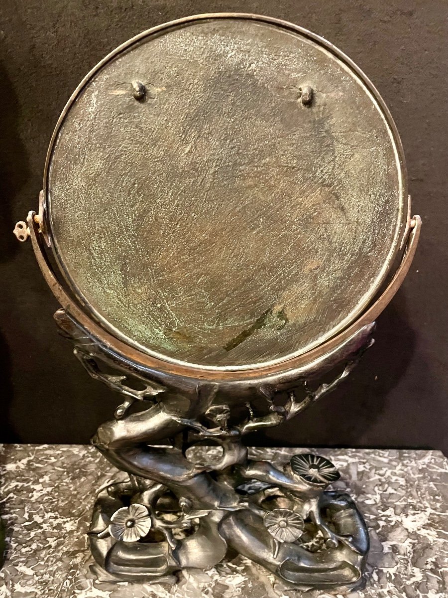 Japanese Edo Bronze Mirror On Blackened Wooden Base Decorated With Lotus Flowers 19th C.-photo-3