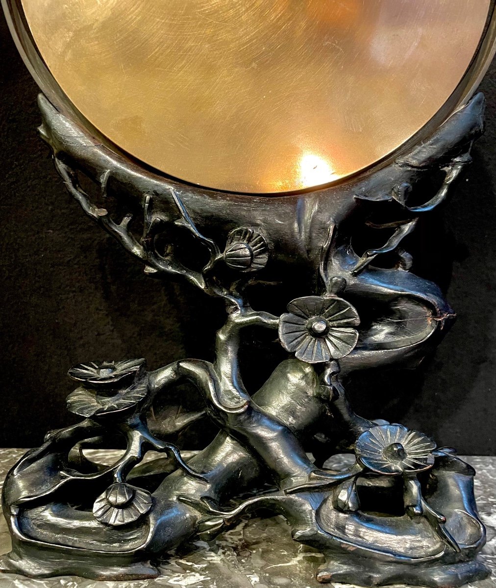 Japanese Edo Bronze Mirror On Blackened Wooden Base Decorated With Lotus Flowers 19th C.-photo-4