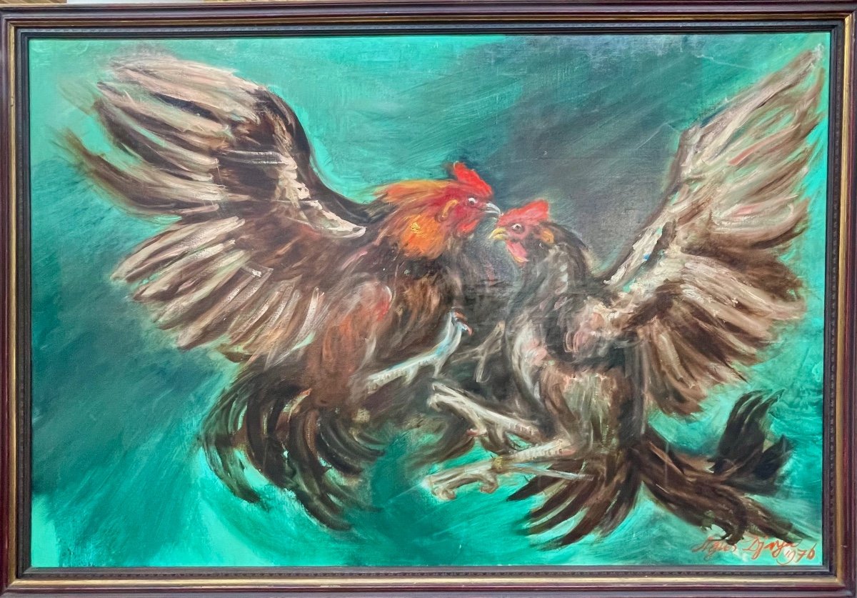 Raden Agus Djaya S., Cockfight, Large Oil On Canvas Signed 1976-photo-4