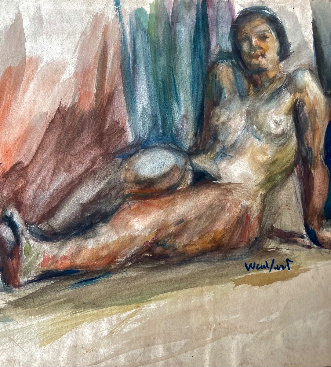 Marius Wulfart (1905-1991), Female Nude, Watercolor On Paper Signed, 1934, Russian School.-photo-1