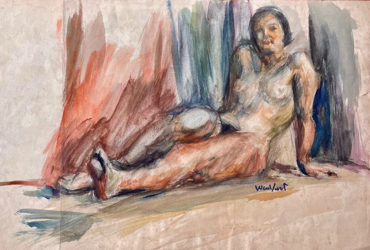 Marius Wulfart (1905-1991), Female Nude, Watercolor On Paper Signed, 1934, Russian School.