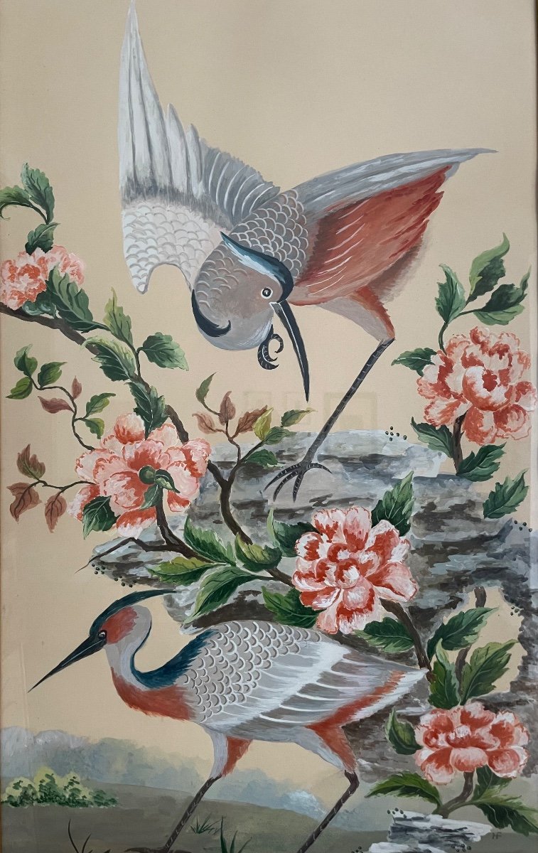 Gouache Sur Papier Représentant Des échassiers Dans Le Style Chinoisant monogrammée H.F.-photo-3