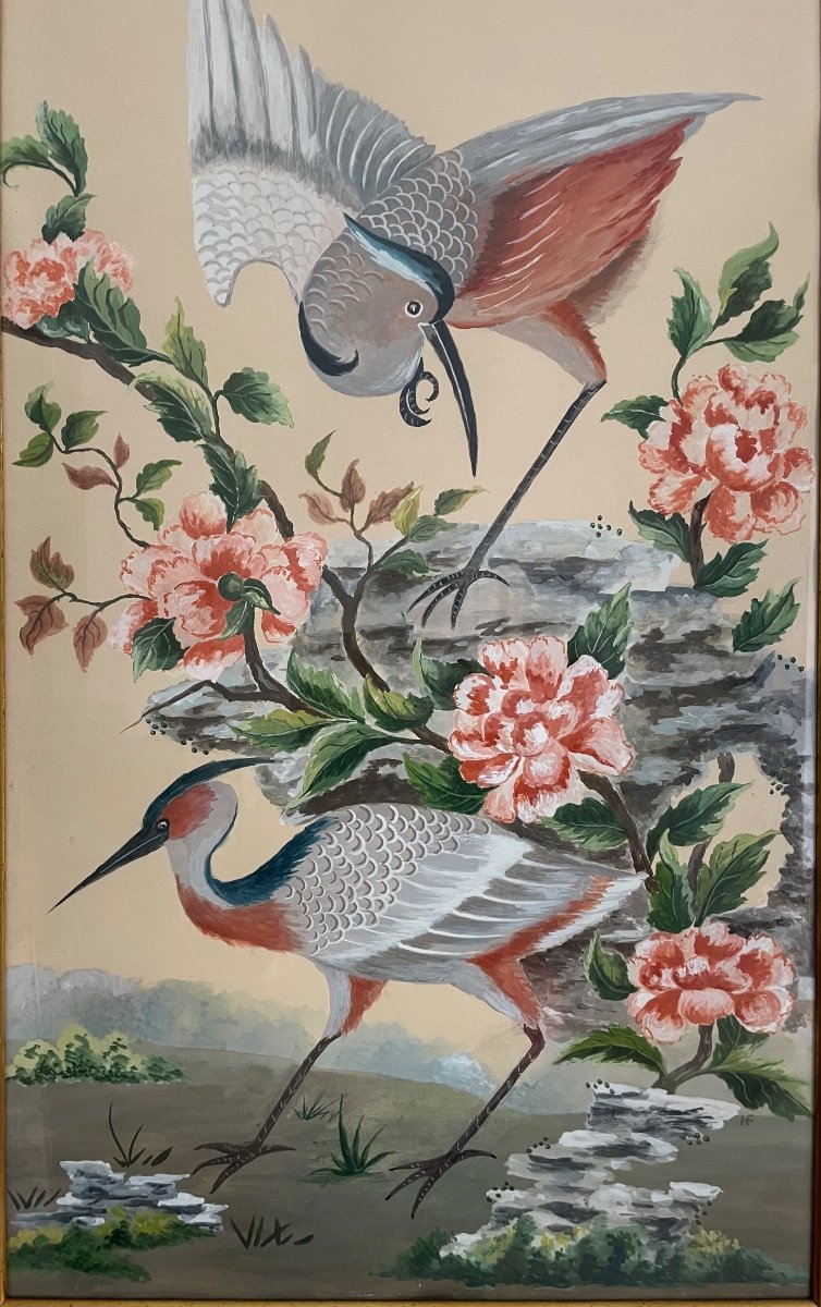 Gouache Sur Papier Représentant Des échassiers Dans Le Style Chinoisant monogrammée H.F.-photo-4