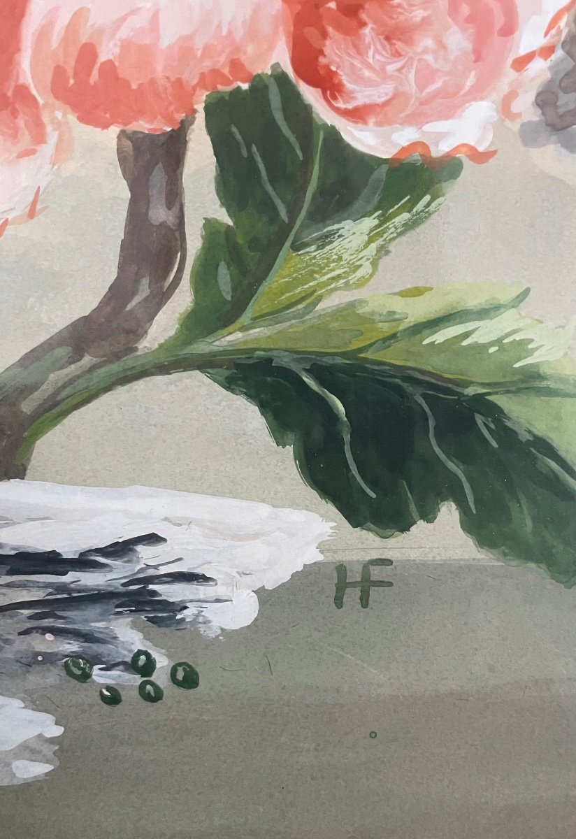 Gouache Sur Papier Représentant Des échassiers Dans Le Style Chinoisant monogrammée H.F.-photo-2