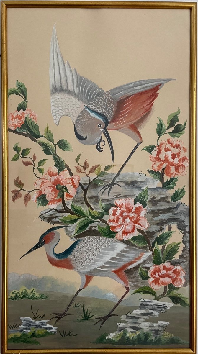 Gouache Sur Papier Représentant Des échassiers Dans Le Style Chinoisant monogrammée H.F.