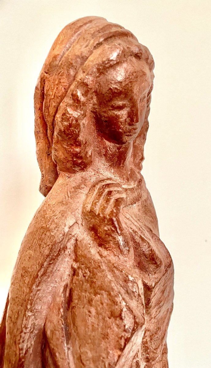 H. Elström, Art Deco Terracotta Signed On Its Base, Wine Patina, Ca 1930, Dim: 49x14cm-photo-4