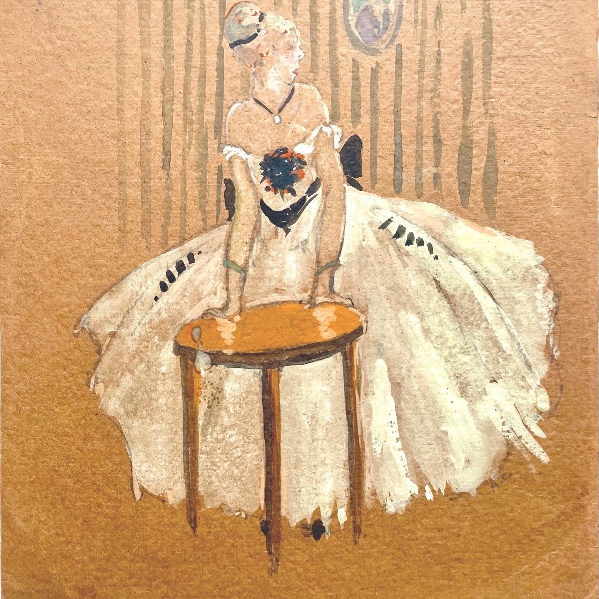 Anto Carte, Jeune Dame En Robe De Bal, Technique Mixte Aquarellée Et Gouachée, Signé AC, Ca1920-photo-2