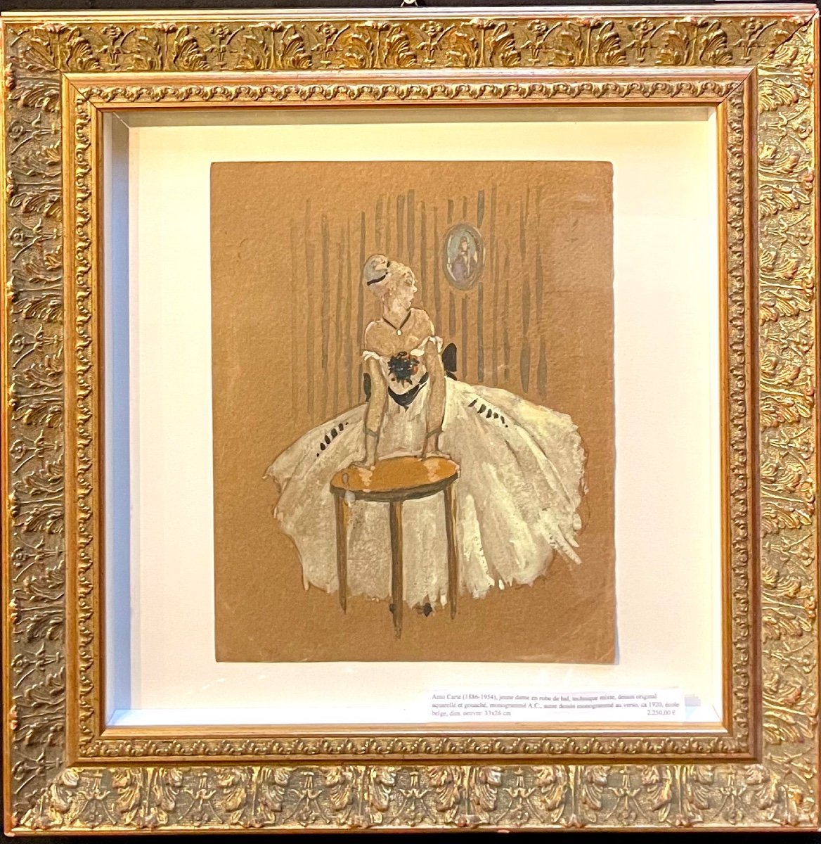 Anto Carte, Jeune Dame En Robe De Bal, Technique Mixte Aquarellée Et Gouachée, Signé AC, Ca1920-photo-3