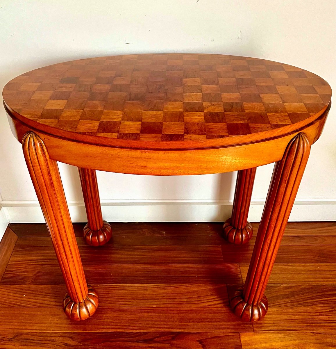 Gueridon, Art Deco Side Table In Solid Mahogany/veneer, Checkerboard Top, Fluted Legs