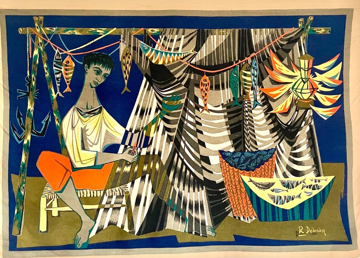 Robert Debiève, The Net Weaver, Large Screenprint On Canvas - Signed, Ca 1950-photo-7