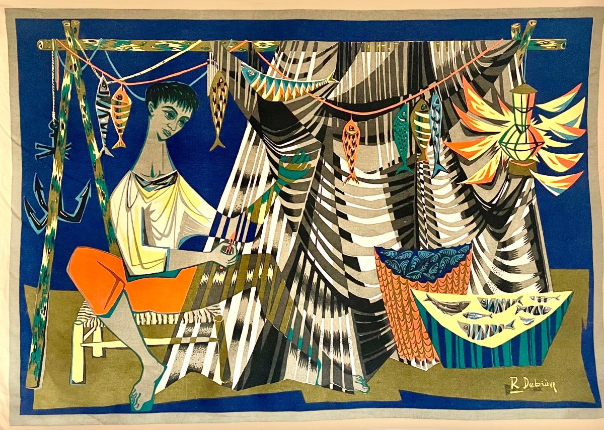 Robert Debiève, The Net Weaver, Large Screenprint/canvas - Signed Tapestry, Ca 1950