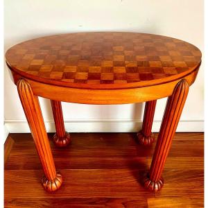 Gueridon, Art Deco Side Table In Solid Mahogany/veneer, Checkerboard Top, Fluted Legs