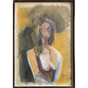 Jean-marie Planque(1932-1992), Portrait De Femme, Fusain Et Pastel Sur Papier, Signé, 1971