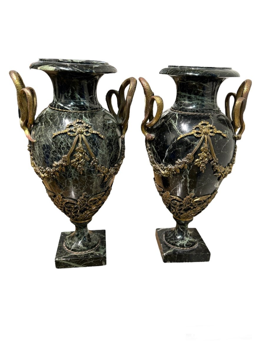 Pair Of Baluster Vases In Marble And Bronze 