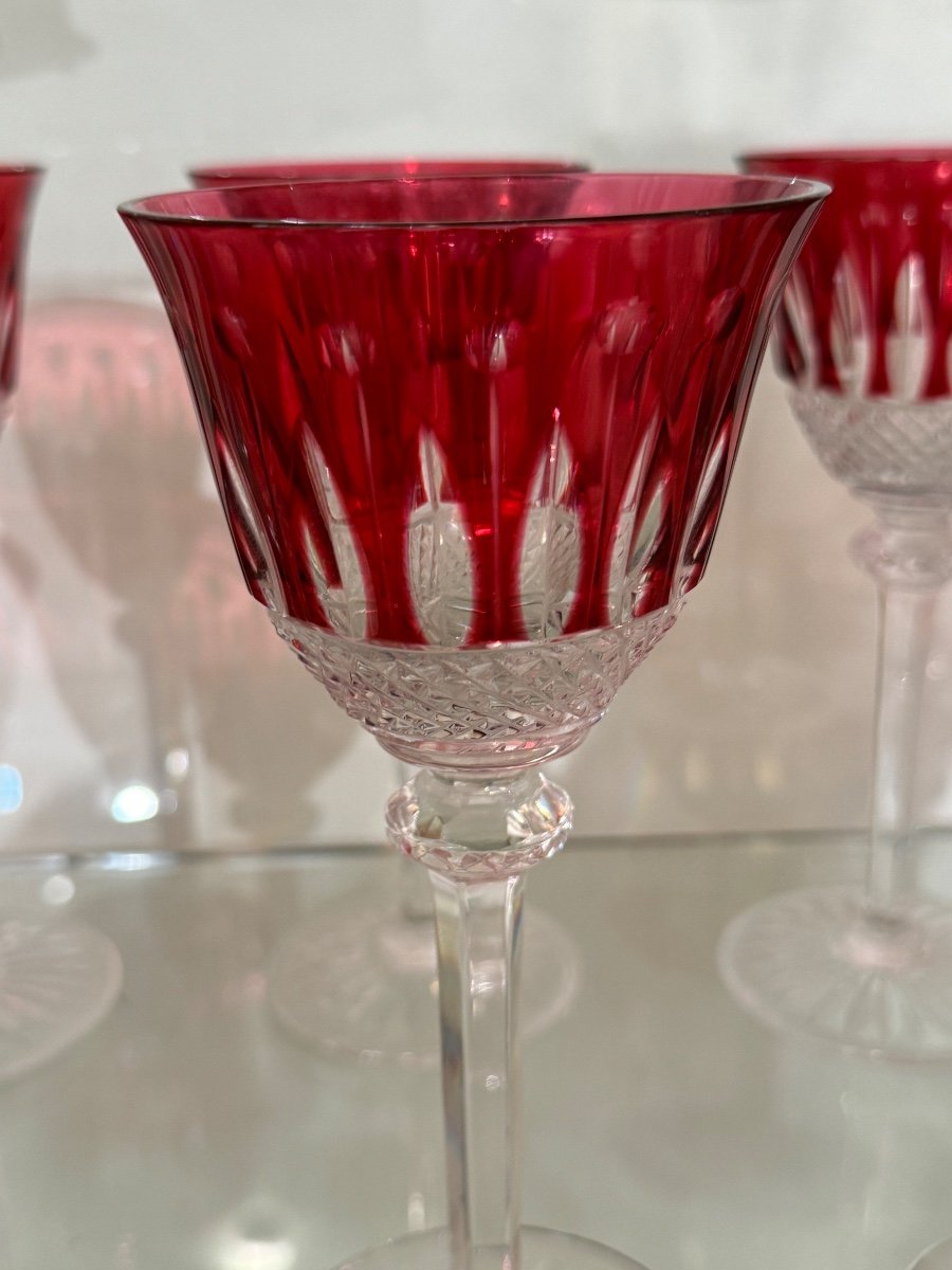 Set Of 12 Red Crystal Glasses Signed Saint Louis Tommy Model 19.8cm -photo-2