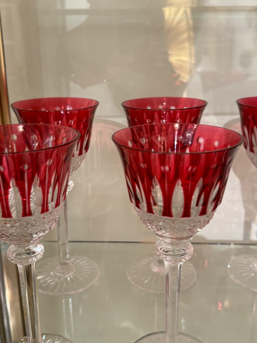 Set Of 12 Red Crystal Glasses Signed Saint Louis Tommy Model 19.8cm -photo-3