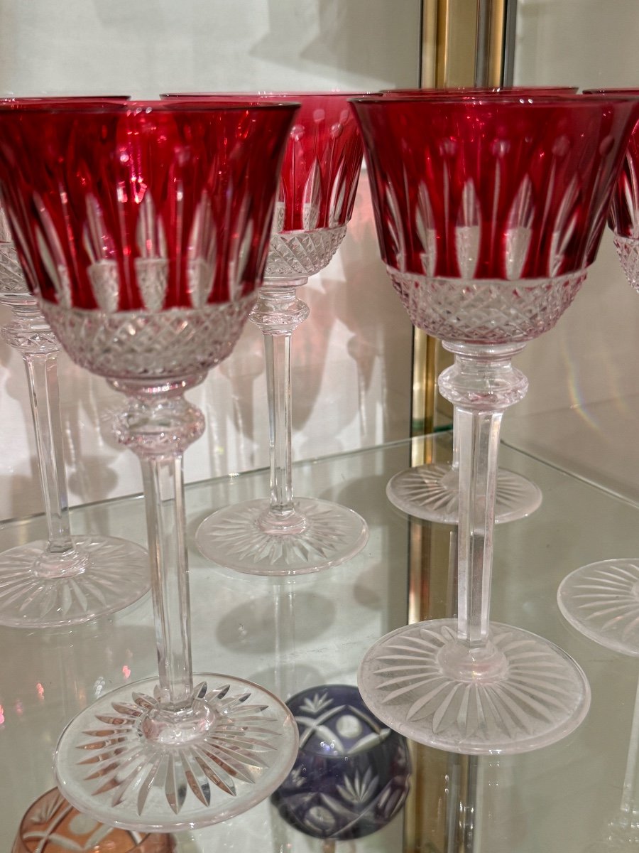 Set Of 12 Red Crystal Glasses Signed Saint Louis Tommy Model 19.8cm -photo-2