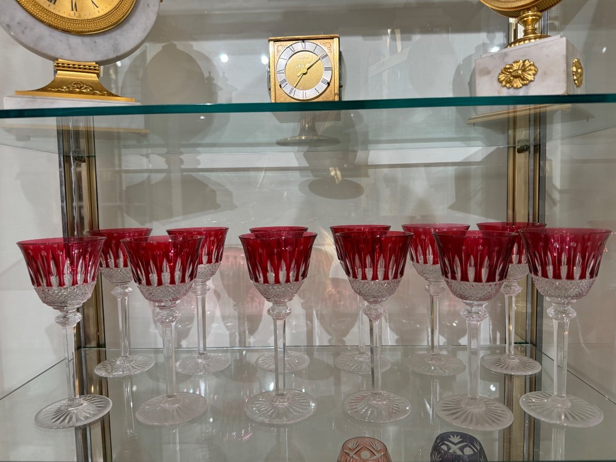 Set Of 12 Red Crystal Glasses Signed Saint Louis Tommy Model 19.8cm -photo-4