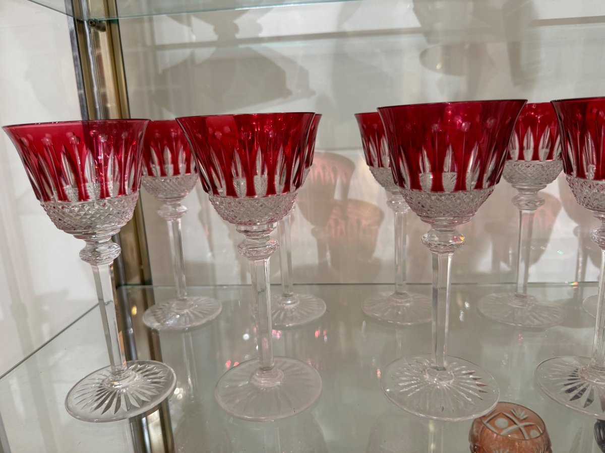 Set Of 12 Red Crystal Glasses Signed Saint Louis Tommy Model 19.8cm -photo-5