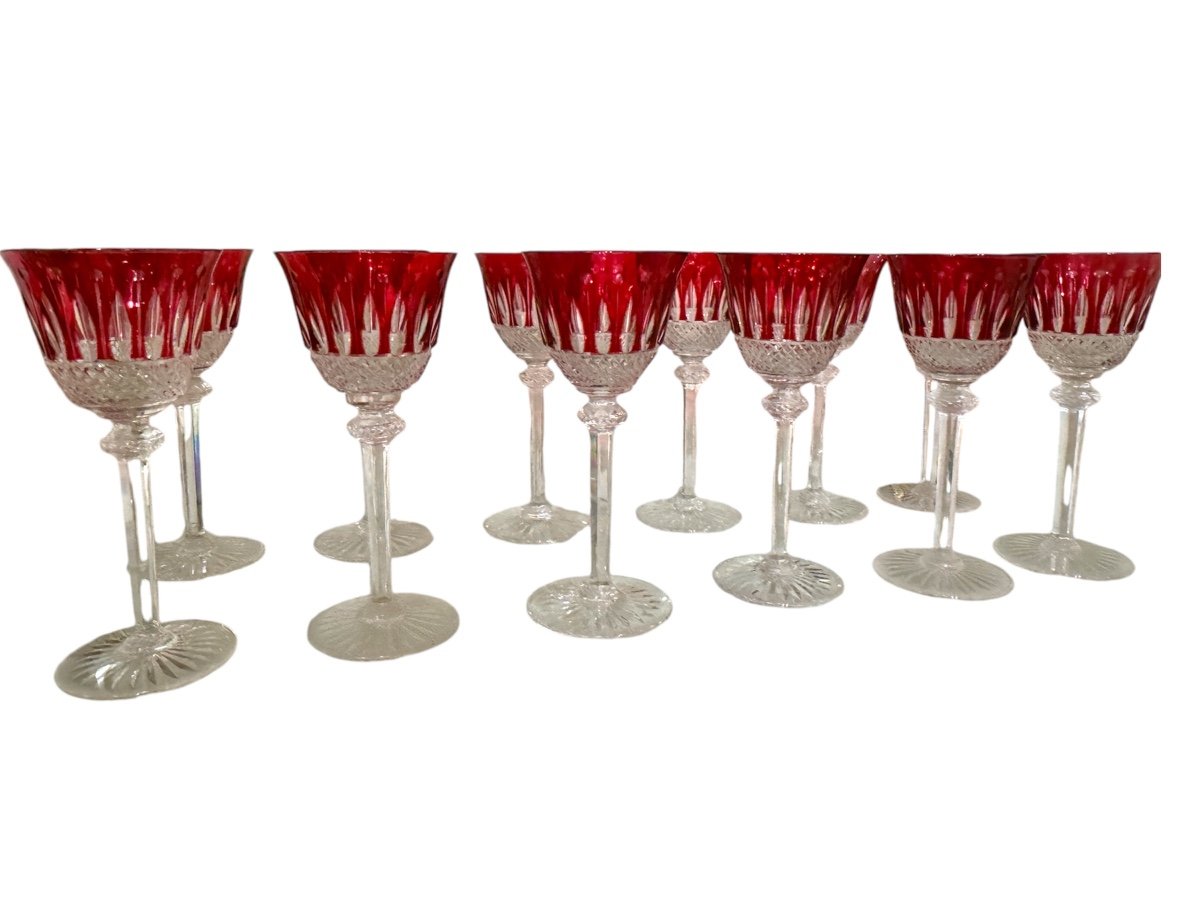 Set Of 12 Red Crystal Glasses Signed Saint Louis Tommy Model 19.8cm 