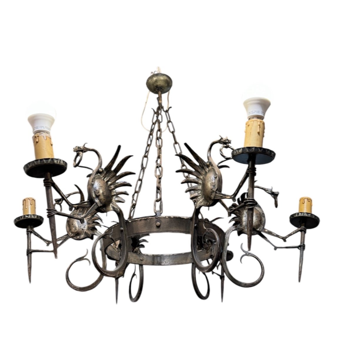  Mazzucotelli Alessandro (1865-1938) (attributed To). Pair Of Wrought Iron Chandeliers -photo-2