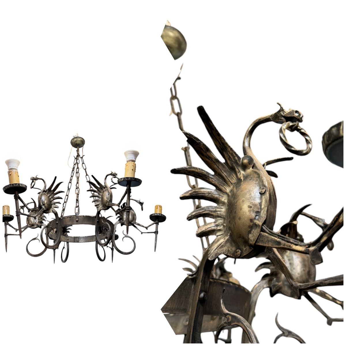  Mazzucotelli Alessandro (1865-1938) (attributed To). Pair Of Wrought Iron Chandeliers -photo-3