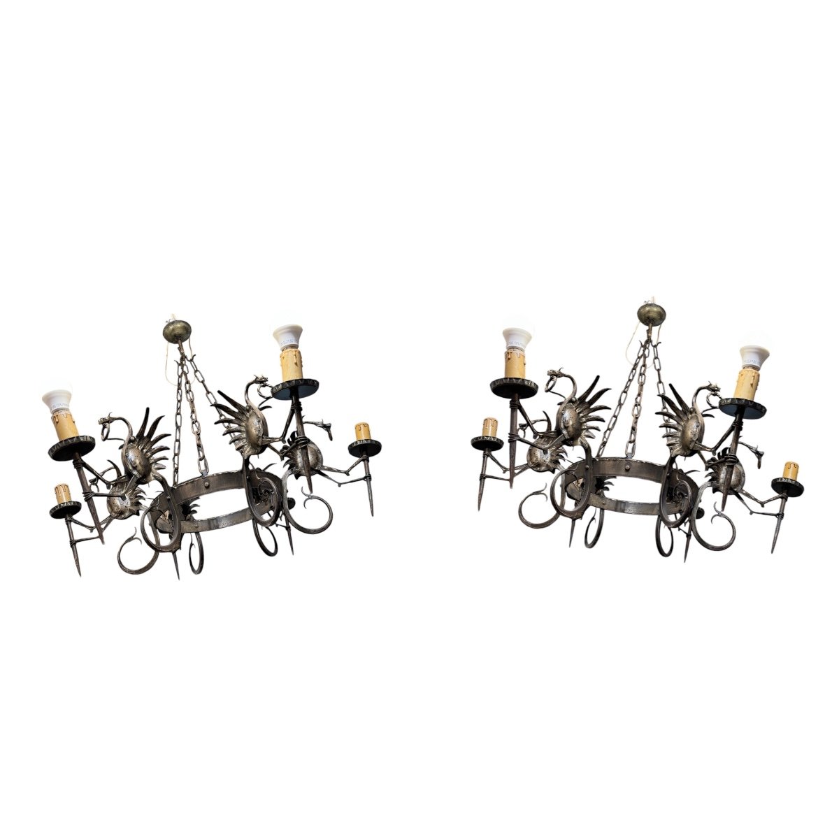  Mazzucotelli Alessandro (1865-1938) (attributed To). Pair Of Wrought Iron Chandeliers 