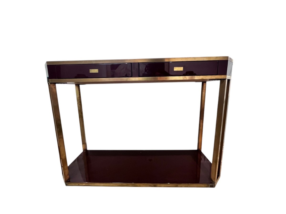 Grande Console En Laque Et Laiton, Jean Claude Mahey - 1970