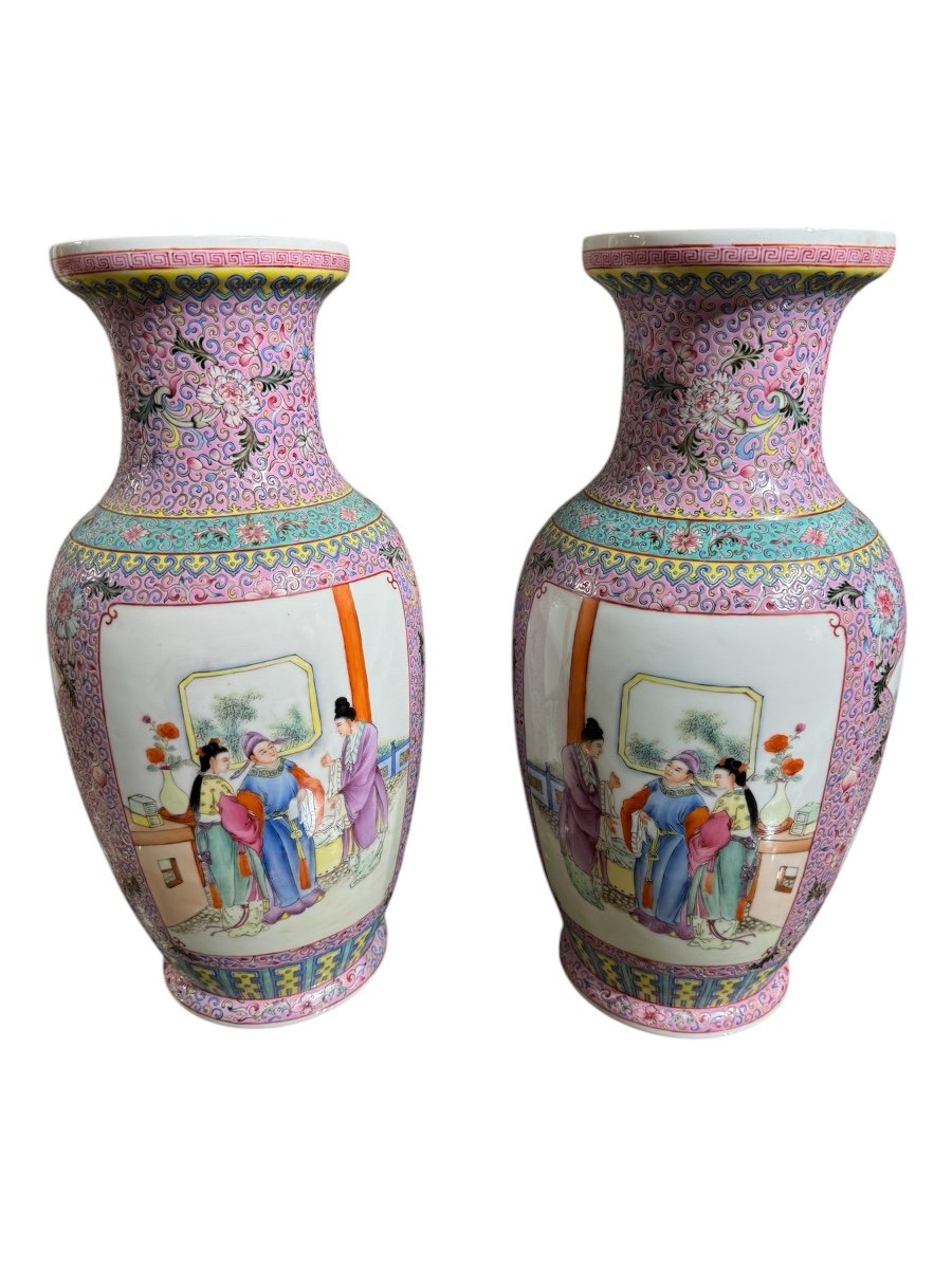 Pair Of Famille Rose Republic Porcelain Vases With Mark 