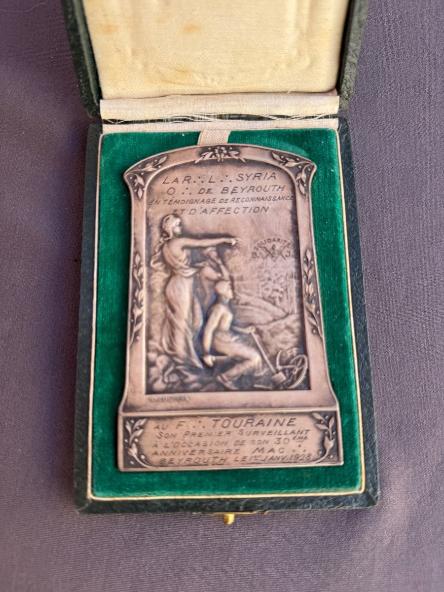 Médaille Loge Maçonnique Libanaise De Beyrouth 1928 Rare + Coffret -photo-1