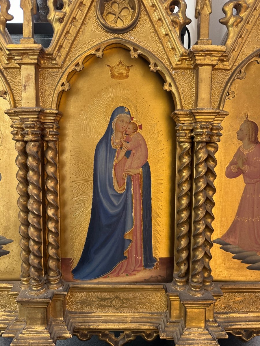 Vierge à L’enfant Et Aux Anges -triptyque En Bois Doré XIX Eme Siècle -photo-2