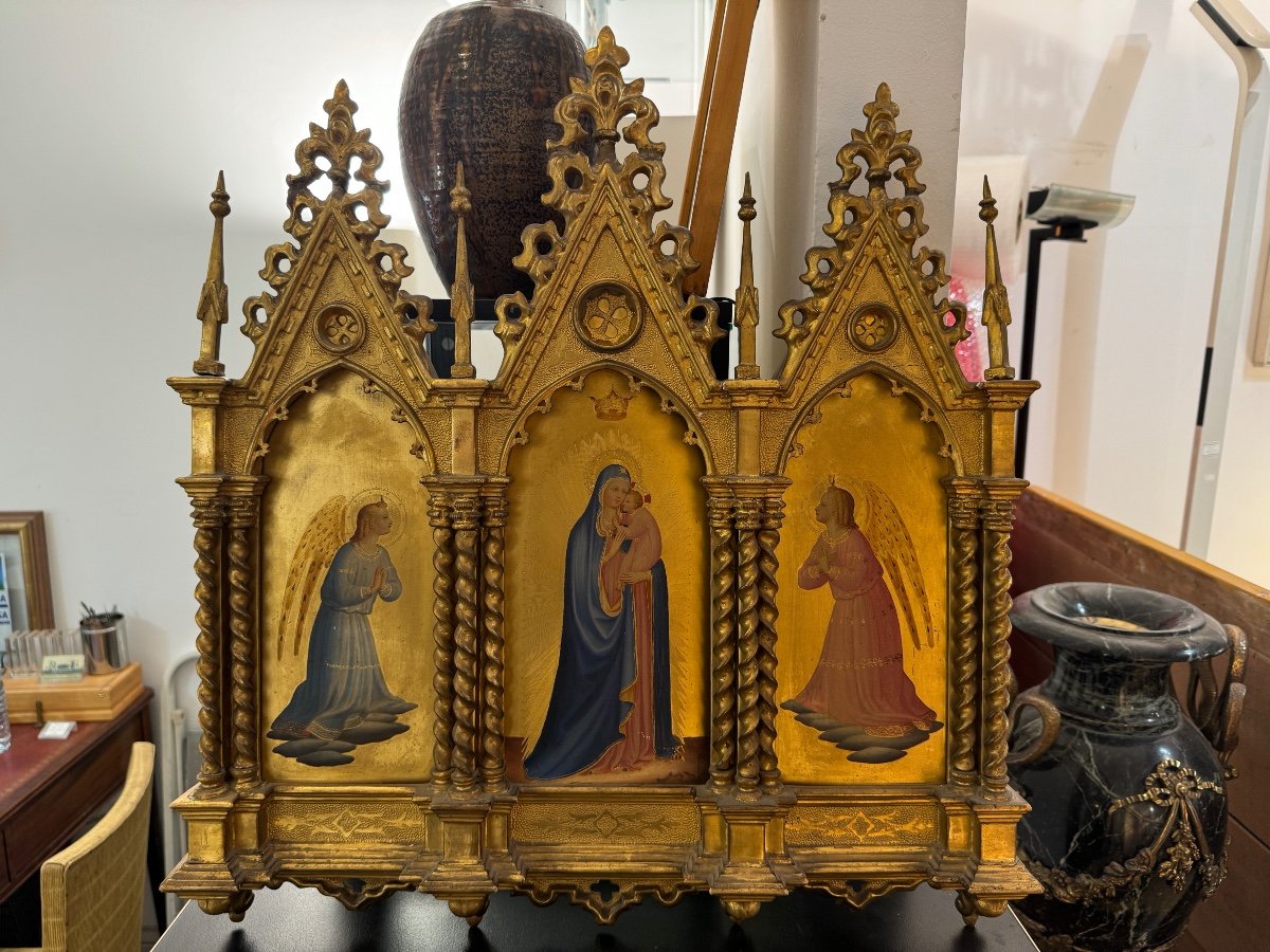 Vierge à L’enfant Et Aux Anges -triptyque En Bois Doré XIX Eme Siècle -photo-1