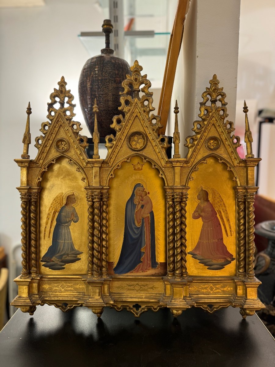 Vierge à L’enfant Et Aux Anges -triptyque En Bois Doré XIX Eme Siècle -photo-3