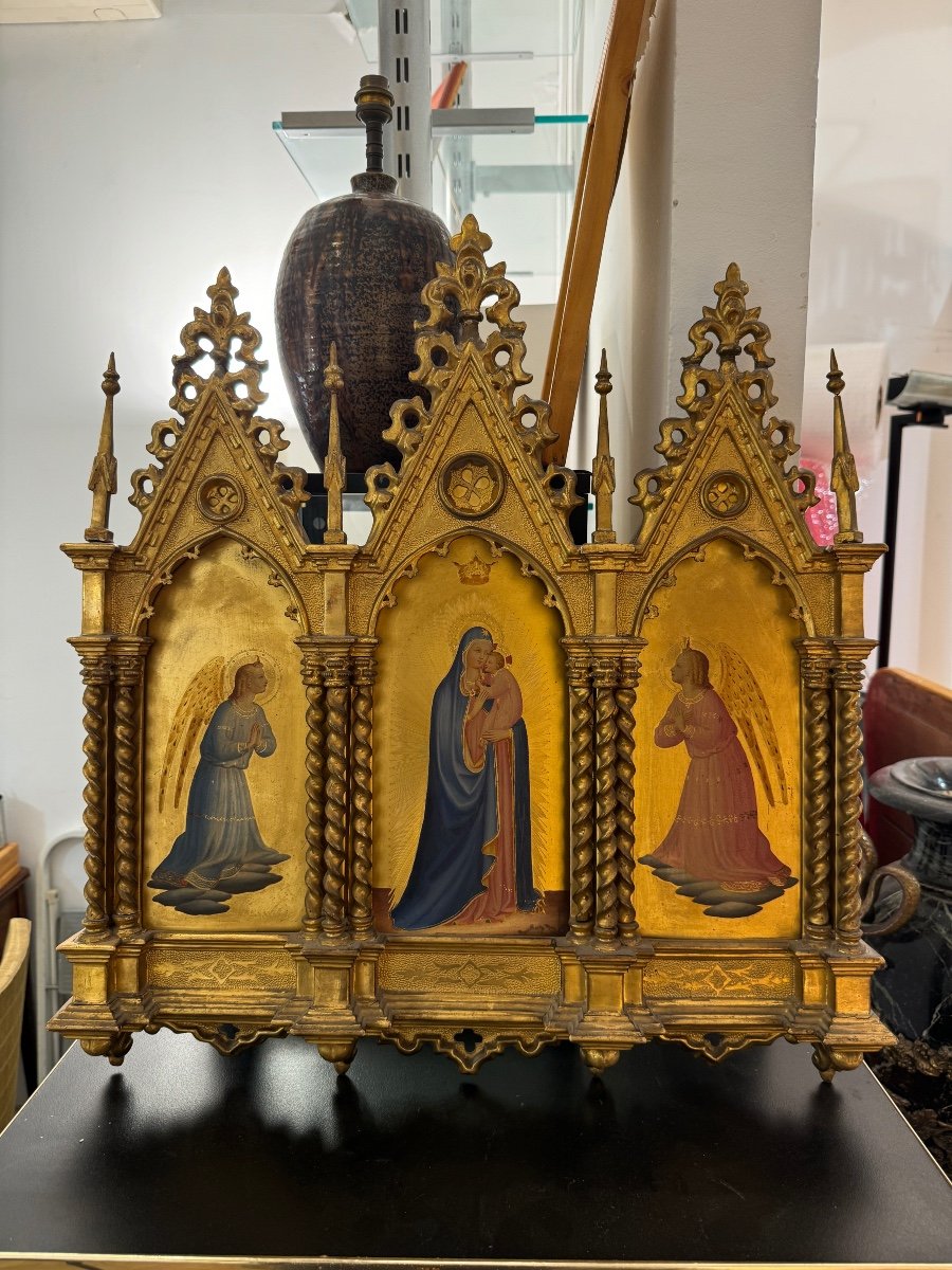 Vierge à L’enfant Et Aux Anges -triptyque En Bois Doré XIX Eme Siècle -photo-4