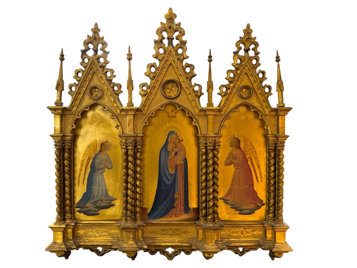 Vierge à L’enfant Et Aux Anges -triptyque En Bois Doré XIX Eme Siècle 