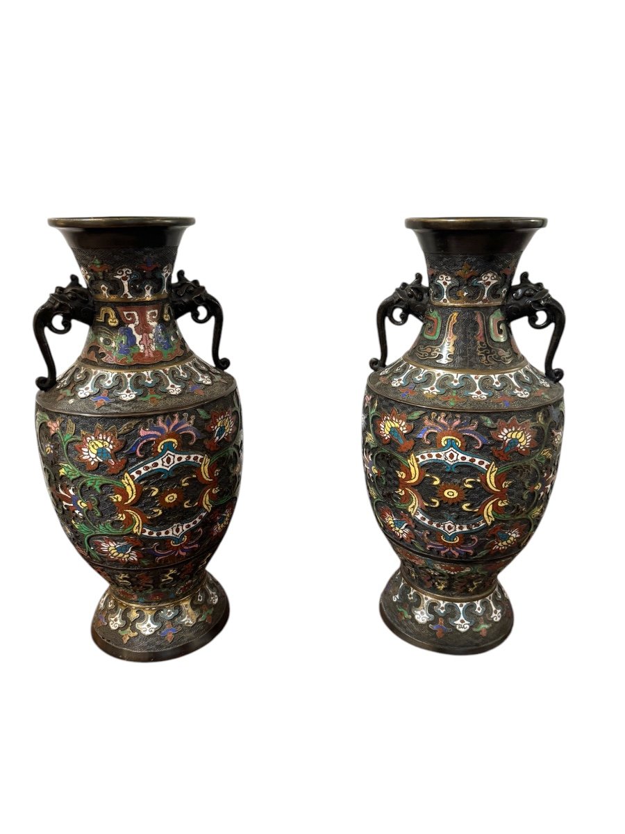 Japan - Meiji Period (1868-1912) Pair Of Baluster Vases With Flared Neck And Two Handles 