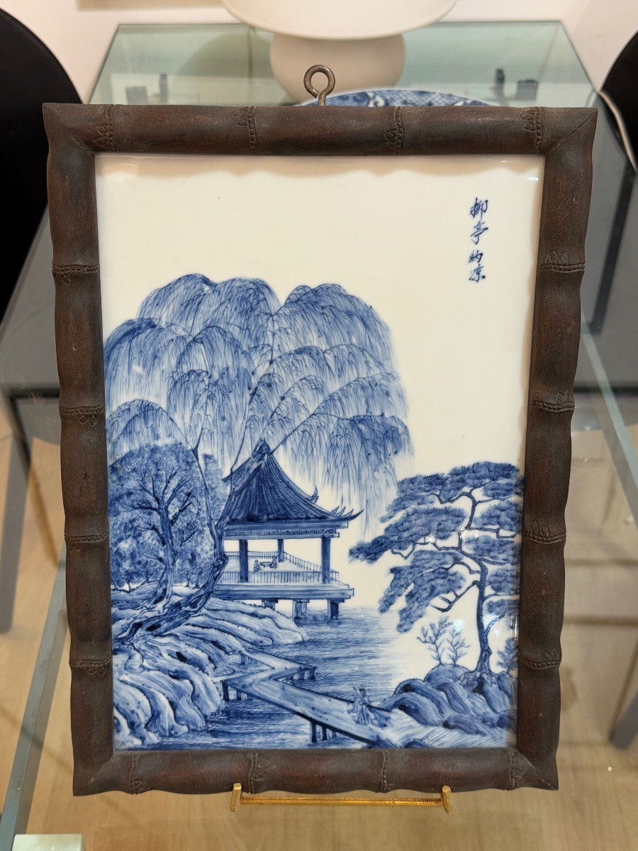 Quadrangular Porcelain Plaque With Blue And White Landscape Decoration-photo-4