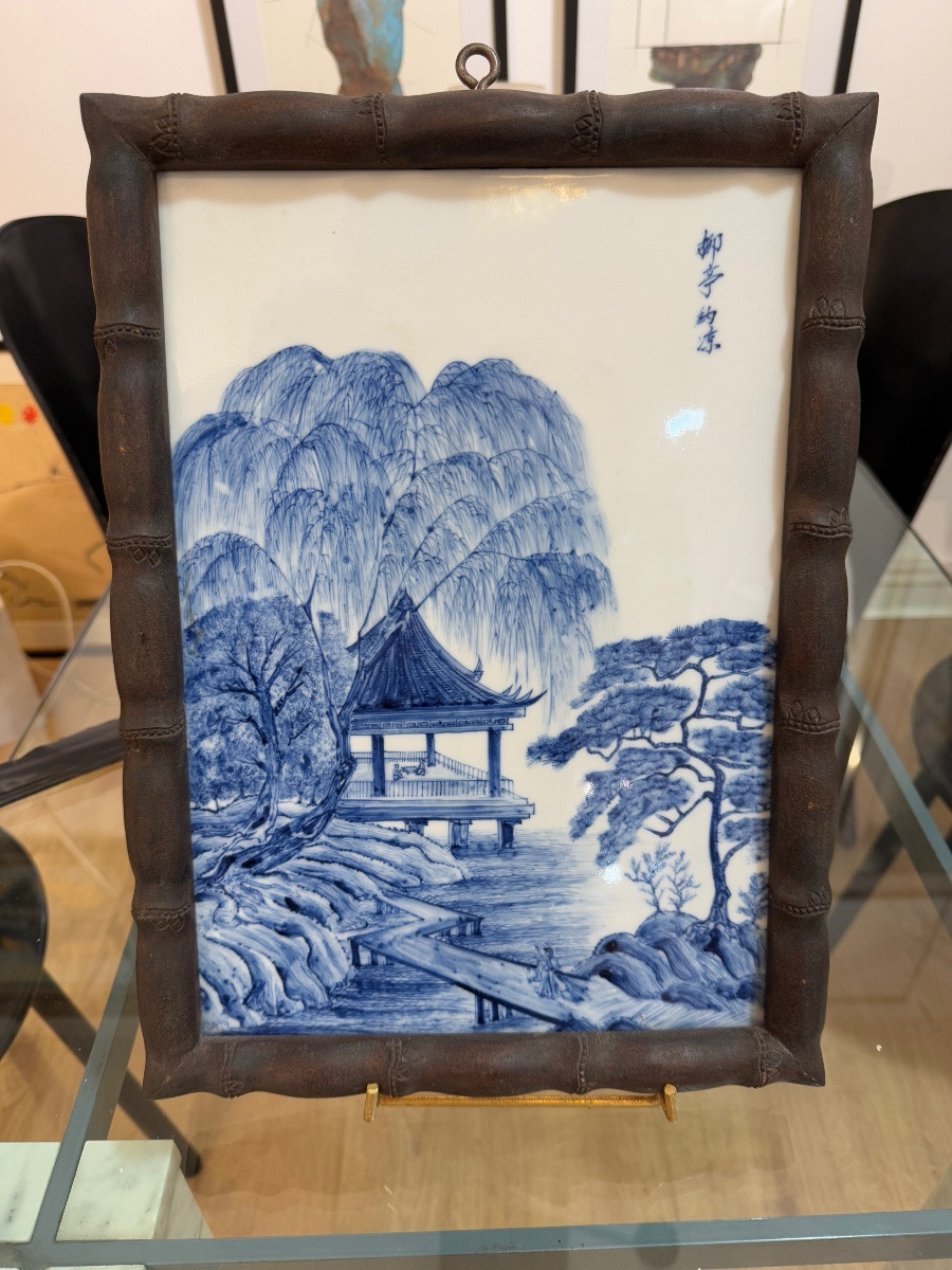 Quadrangular Porcelain Plaque With Blue And White Landscape Decoration-photo-2