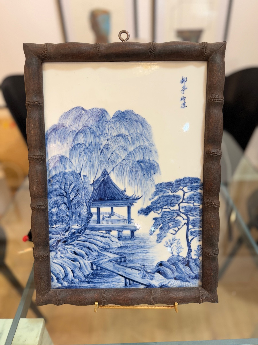 Quadrangular Porcelain Plaque With Blue And White Landscape Decoration-photo-3