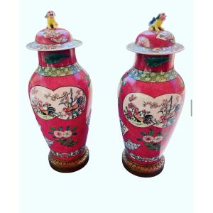 Pair Of Famille Rose Style Porcelain Vases With Ruby Red Background, Samson, Paris, 19th