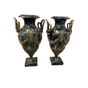 Pair Of Baluster Vases In Marble And Bronze 