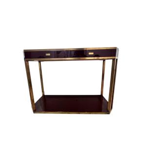 Grande Console En Laque Et Laiton, Jean Claude Mahey - 1970