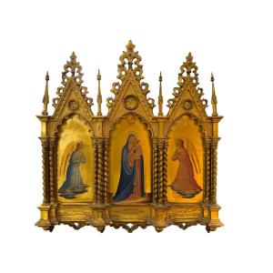 Vierge à L’enfant Et Aux Anges -triptyque En Bois Doré XIX Eme Siècle 