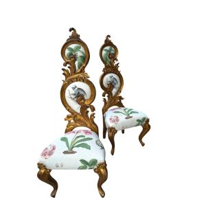 Pair Of Rococo Chairs In Gilded Wood