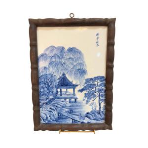 Quadrangular Porcelain Plaque With Blue And White Landscape Decoration